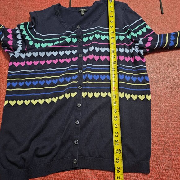 Talbots Heart Pattern Cardigan Sweater 1X Navy Multicolor 3/4 Sleeves Rainbow - Picture 8 of 9